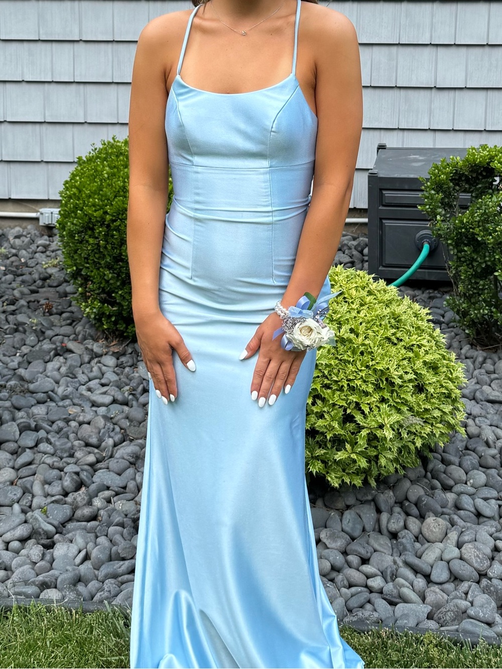 Faviana Light Blue Satin Spaghetti-Strap Prom Gown